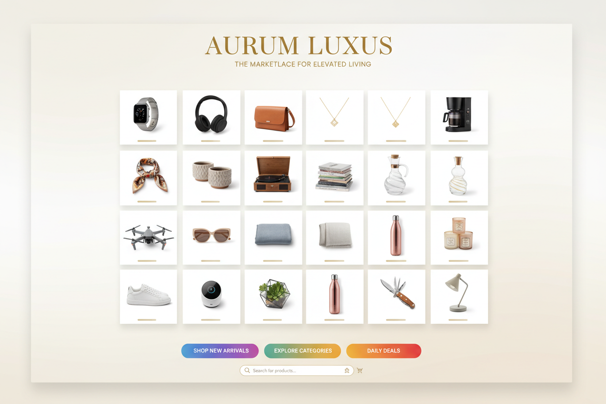 "Create a stylish e-commerce marketplace cover page inspired by Amazon and Shopify. Use a clean light background with a large visually appealing product grid displaying various items like gadgets, clothing, accessories, lifestyle products, and home goods. Add smooth shadows, depth, and modern UI elements. Professional, minimal, well-structured, and brand-friendly. High resolution, 16:9 ratio.and brand name aurum luxus 